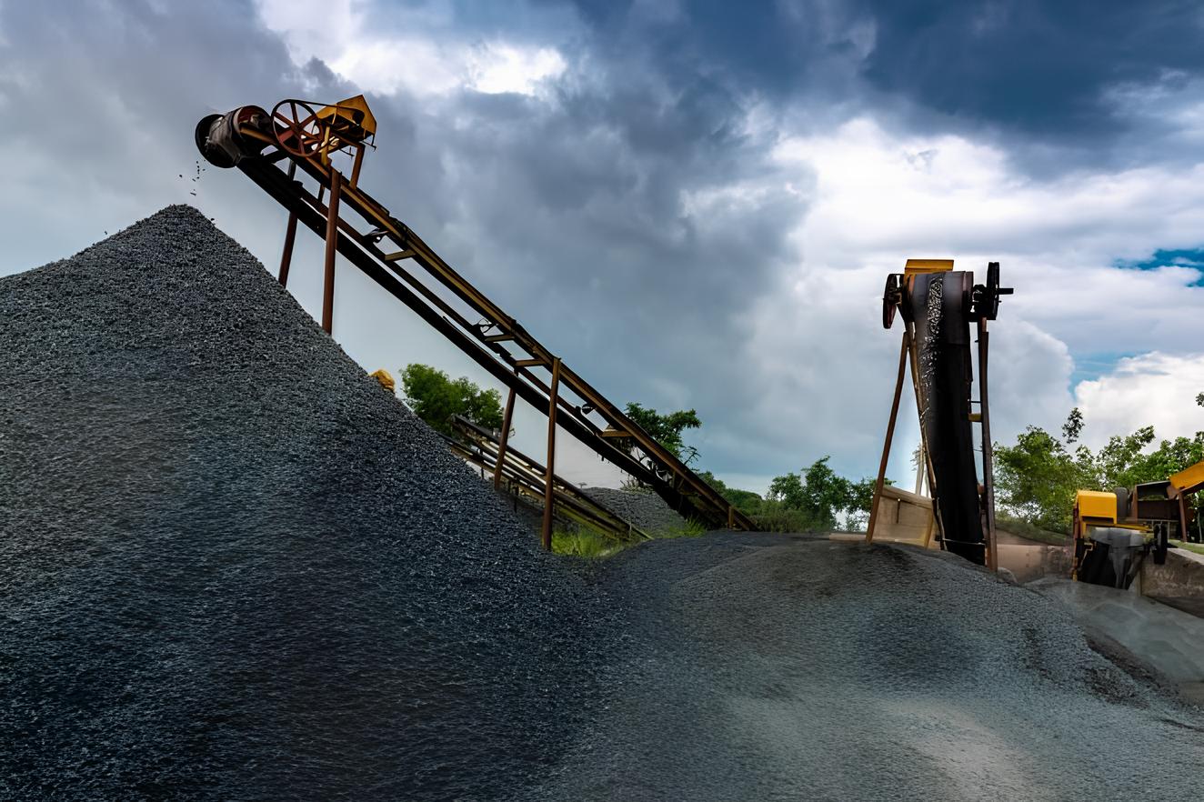 Mining site with heavy machinery and workers
